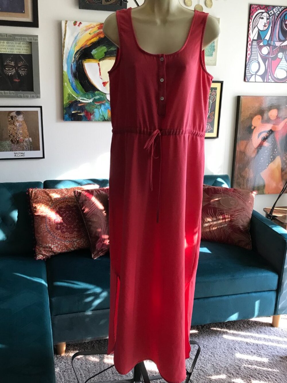 MUD PIE size S Long Coral Stretch Sleeveless Drawstring Maxi Dress